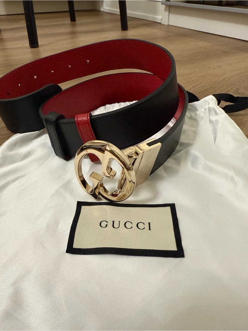 Gucci Reversible Black and Red Leather Belt with Gold GG Buckle